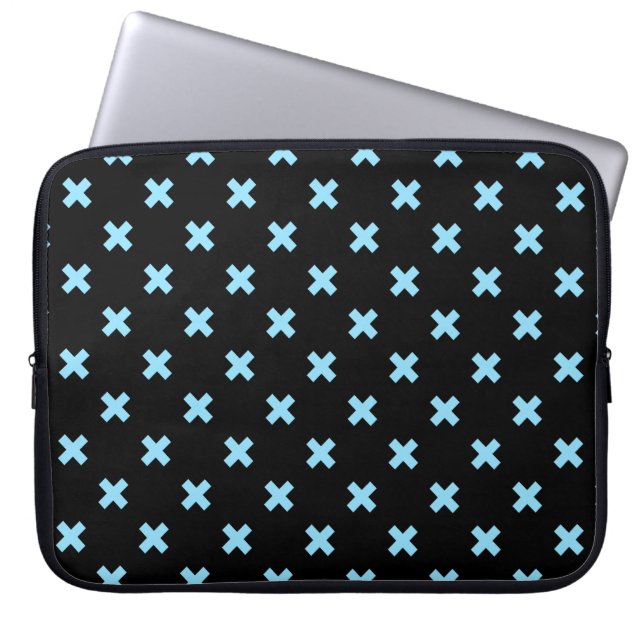 Baby blue cross stitches on black laptop sleeve (Front)