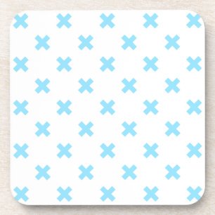 Baby blue cross stitches on white coaster