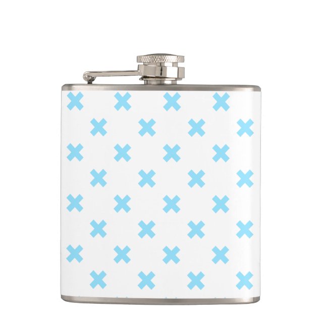 Baby blue cross stitches on white hip flask (Front)