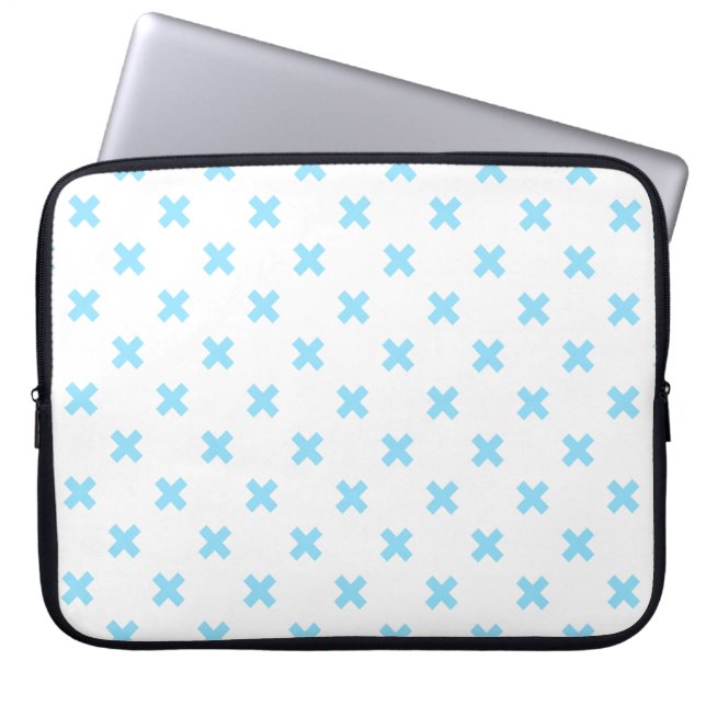 Baby blue cross stitches on white laptop sleeve (Front)