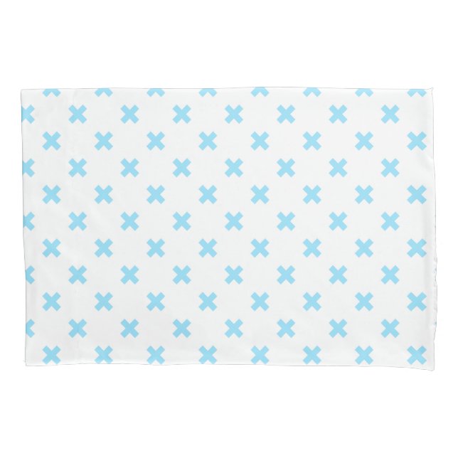 Baby blue cross stitches on white pillowcase (Front)