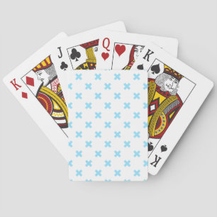 Baby blue cross stitches on white playing cards