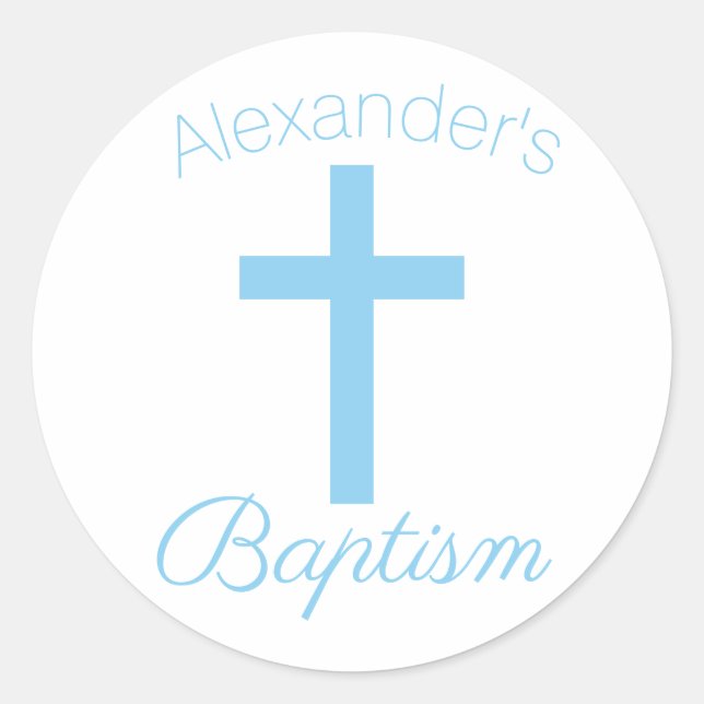 Baby Blue Cross with Custom Name Baptism Classic Round Sticker (Front)
