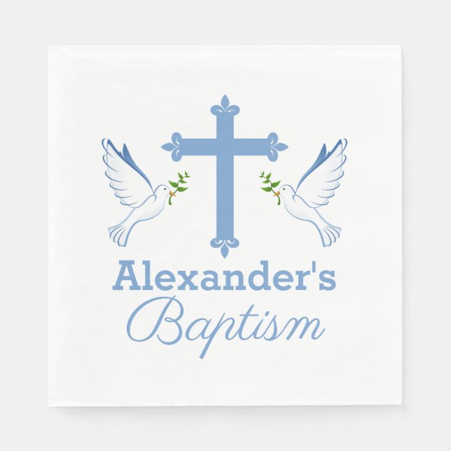 Baby Blue Custom Name Baptism with Cross and Doves Napkin (Front)