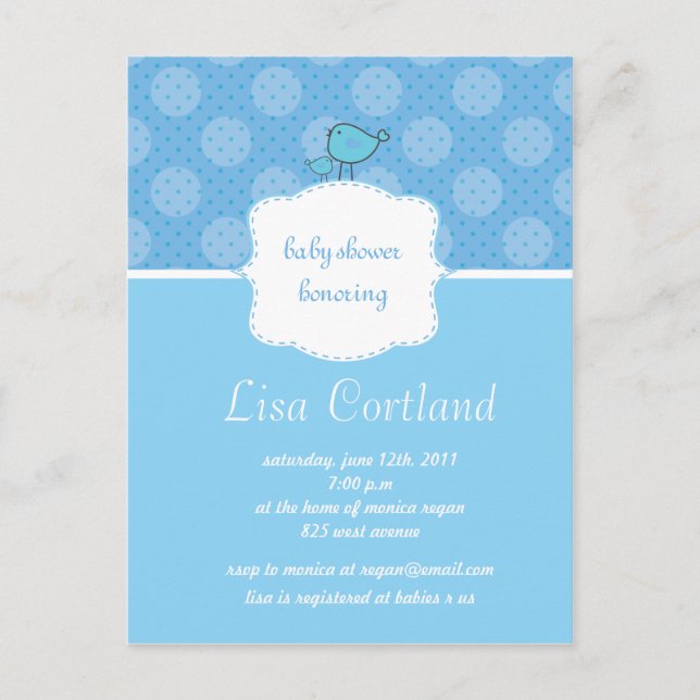 Baby Blue - Cute dots and bird baby shower invites (Front)
