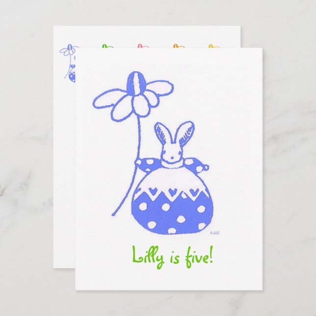 baby blue daisy bunny birthday invitation (Front/Back)