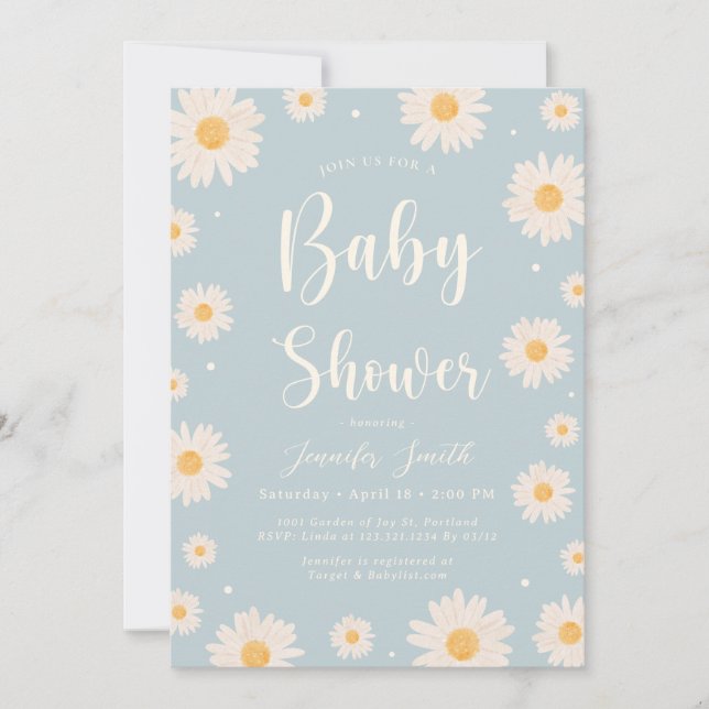 Baby Blue Daisy Floral Girl Baby Shower Invitation (Front)