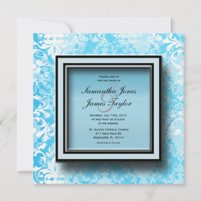 Baby Blue Damask Elegant Vintage Wedding Invit Invitation (Front)