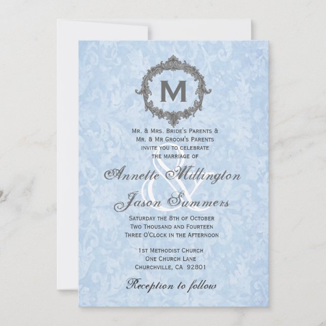 Baby Blue Damask Grey Vintage Monogram Wedding Invitation (Front)