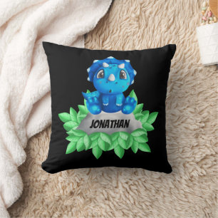 Baby Blue Dinosaur Black Throw Pillow