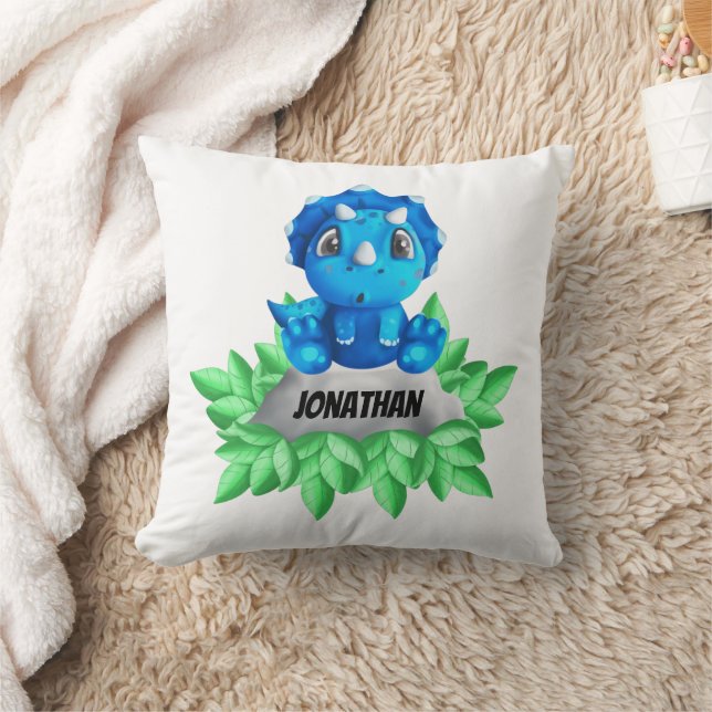 Baby Blue Dinosaur  White Throw Pillow (Blanket)
