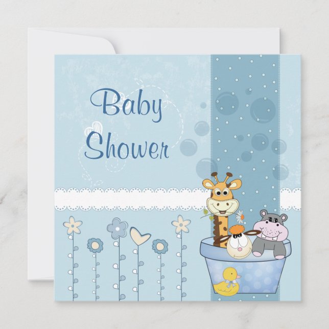 Baby Blue Dots Animals Flowers Baby Shower Invitation (Front)