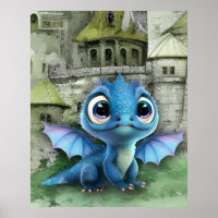 Baby Blue Dragon And Fantasy Mediaeval Castle