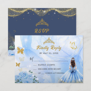 Baby Blue Dress Princess Glitter Quinceañera  RSVP Card
