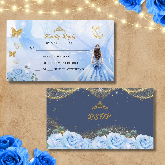 Baby Blue Dress Princess Glitter Quinceañera RSVP  Enclosure Card (Creator Uploaded)