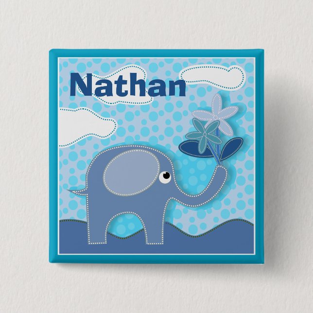 Baby Blue Elephant and Flower Personalised Kids 15 Cm Square Badge (Front)