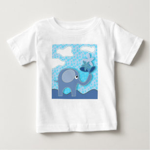 Baby Blue Elephant and Flowers Baby T-Shirt
