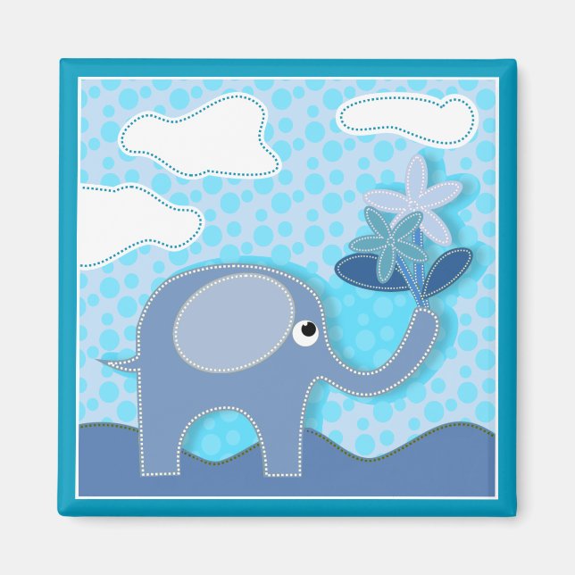 Baby Blue Elephant and Flowers Magnet (Front)