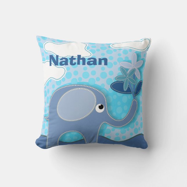 Baby Blue Elephant and Flowers Personalised Cushion (Front)