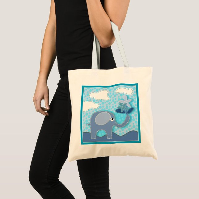 Baby Blue Elephant and Flowers Tote Bag (Front (Product))