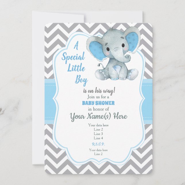 Baby Blue Elephant Baby Shower Invitation Chevron (Front)