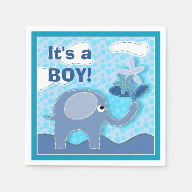 Baby Blue Elephant It's a Boy Baby Shower Napkin (Front)