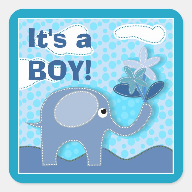Baby Blue Elephant It's a Boy Baby Shower Square Sticker (Front)