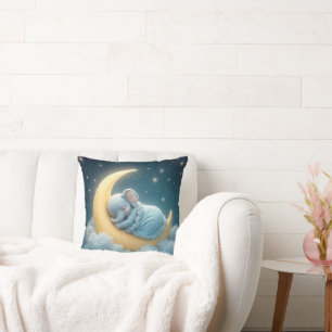 Baby Blue Elephant Sleeping on a Crescent Moon Cushion