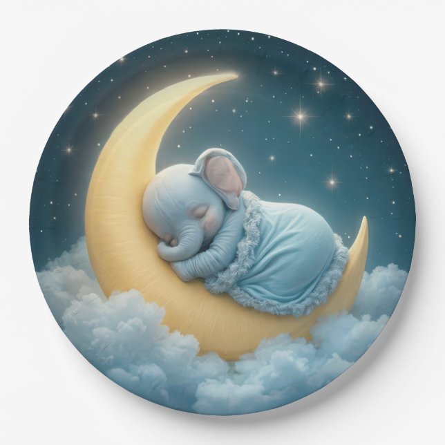 Baby Blue Elephant Sleeping on a Crescent Moon Paper Plate (Front)