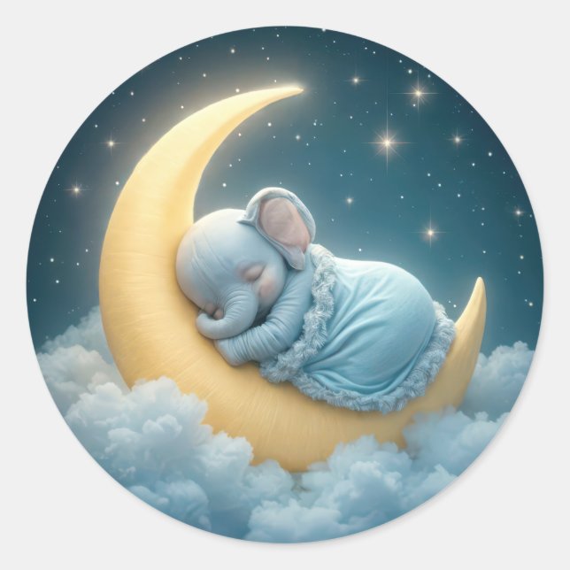 Baby Blue Elephant Sleeping on a Moon Classic Round Sticker (Front)