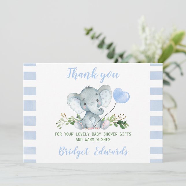 Baby Blue Elephant Thank You Baby Shower Card (Standing Front)