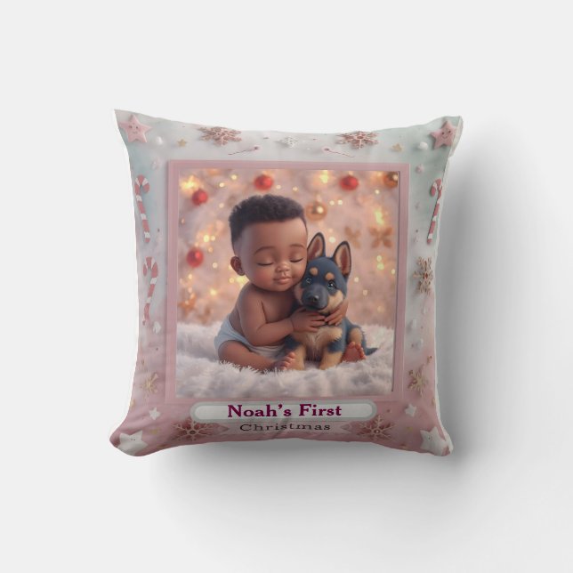 Baby & Blue-Eyed Pup Christmas Pillow (Front)