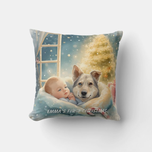 Baby & Blue-Eyed Pup Christmas Pillow (Front)