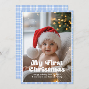 Baby Blue Eyes Gingham My First Christmas Baby Holiday Card