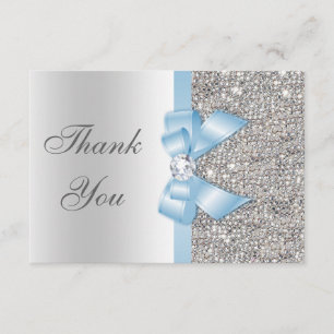 Baby Blue Faux Bow Silver Sequins Thank You Card