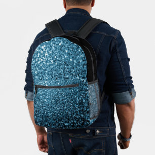 Baby blue faux glitter sparkles and black printed backpack