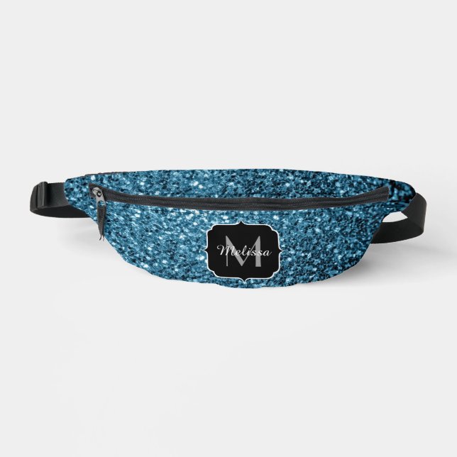 Baby blue faux glitter sparkles Monogram Bum Bags (Front)