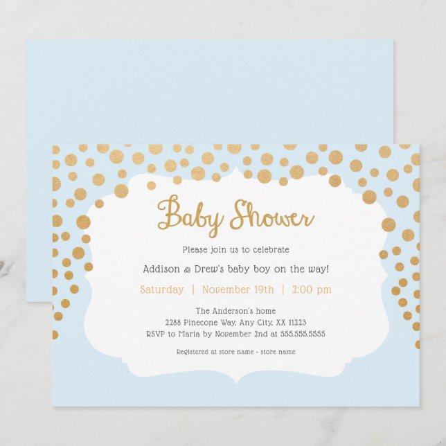 Baby Blue + faux gold boy baby shower Invitation (Front/Back)