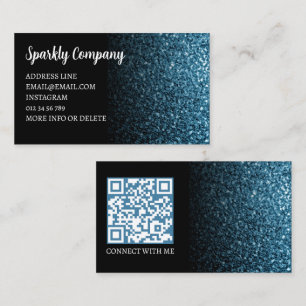 Baby blue faux sparkle black elegant QR code Business Card