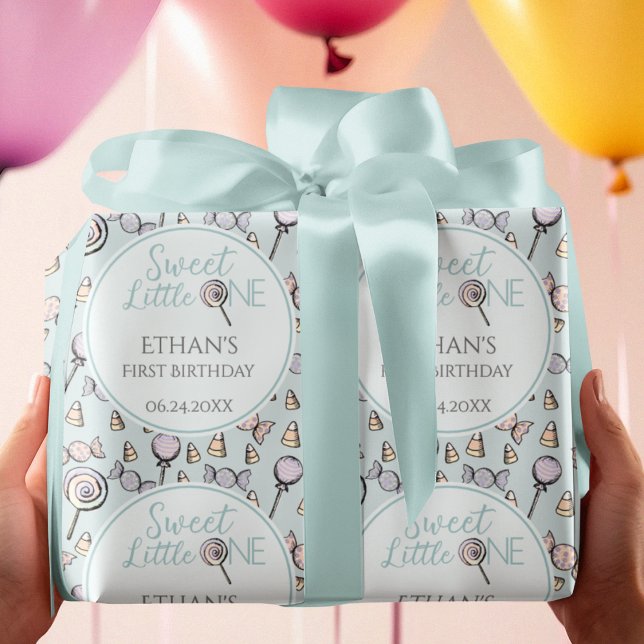 Baby Blue First 1st Birthday Candy Theme  Wrapping Paper (Cute Pastel Blue Candy & Lollipop Hand-Drawn Pattern Gift Wrap for Baby Boy First 1st Birthday.)