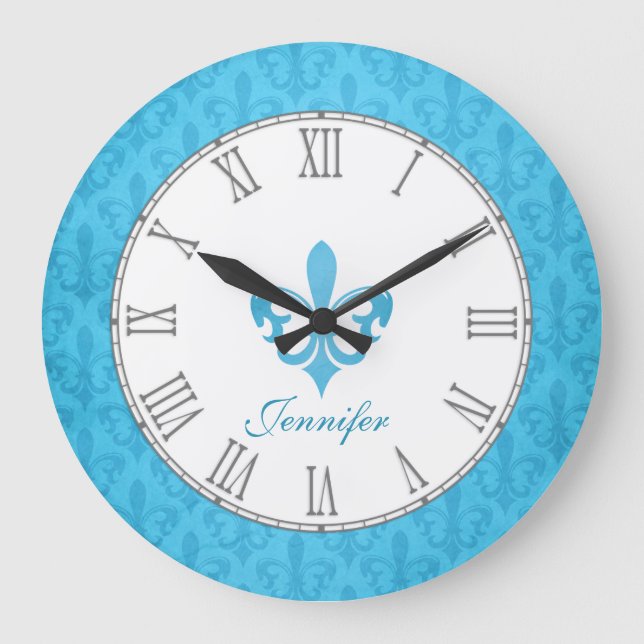 Baby blue fleur de lis damask name wall clock (Front)