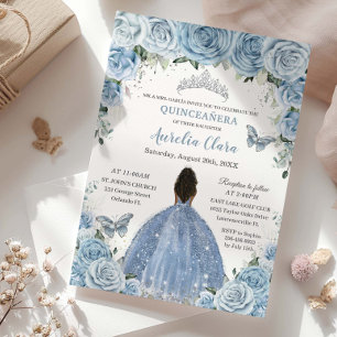 Baby Blue Floral Brown Princess Silver Quinceañera Invitation
