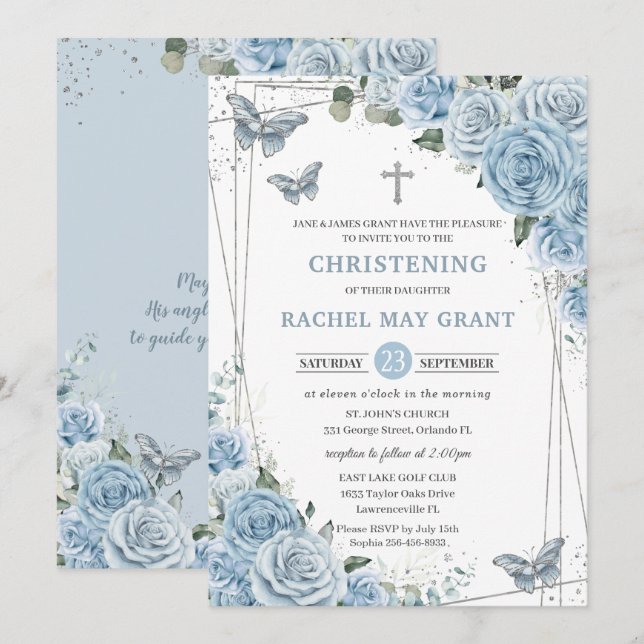 Baby Blue Floral Butterflies Christening Baptism Invitation (Front/Back)