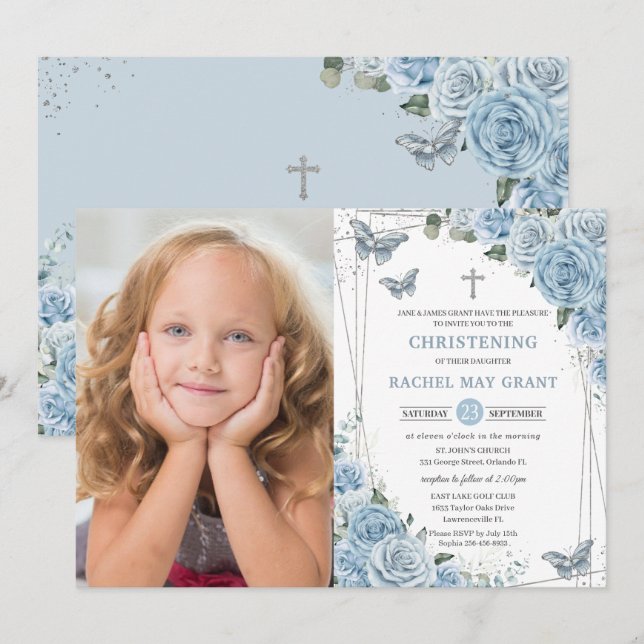 Baby Blue Floral Butterflies Christening Baptism  Invitation (Front/Back)