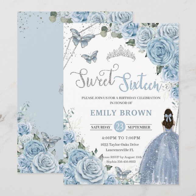 Baby Blue Floral Butterflies Princess Sweet 16 Invitation (Front/Back)