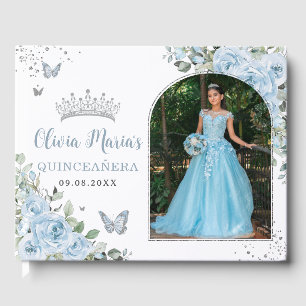 Baby Blue Floral Butterflies Quinceañera Photo Guest Book