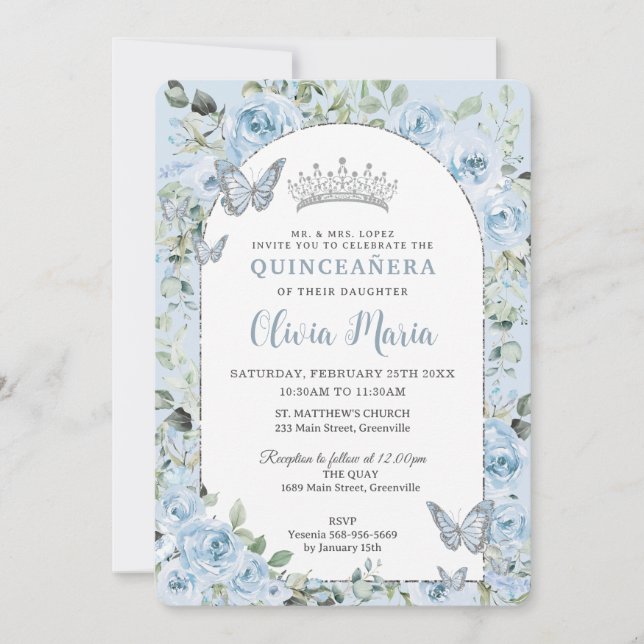 Baby Blue Floral Butterflies Quinceañera Photo Invitation (Front)