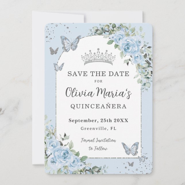 Baby Blue Floral Butterflies Quinceañera Photo Save The Date (Front)