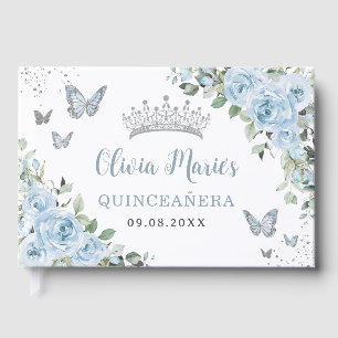 Baby Blue Floral Butterflies Silver Quinceañera Guest Book