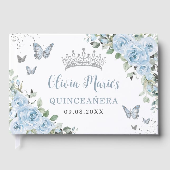 Baby Blue Floral Butterflies Silver Quinceañera Guest Book (Front)